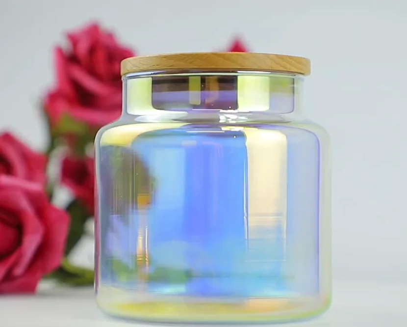 Iridescent glass jar with wooden lid in a photographed product setting