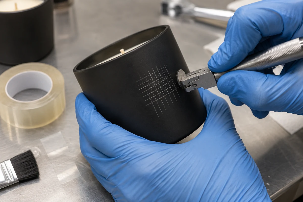 A close-up of the cross-cut adhesion test being performed on a matte black spray painted candle jar.