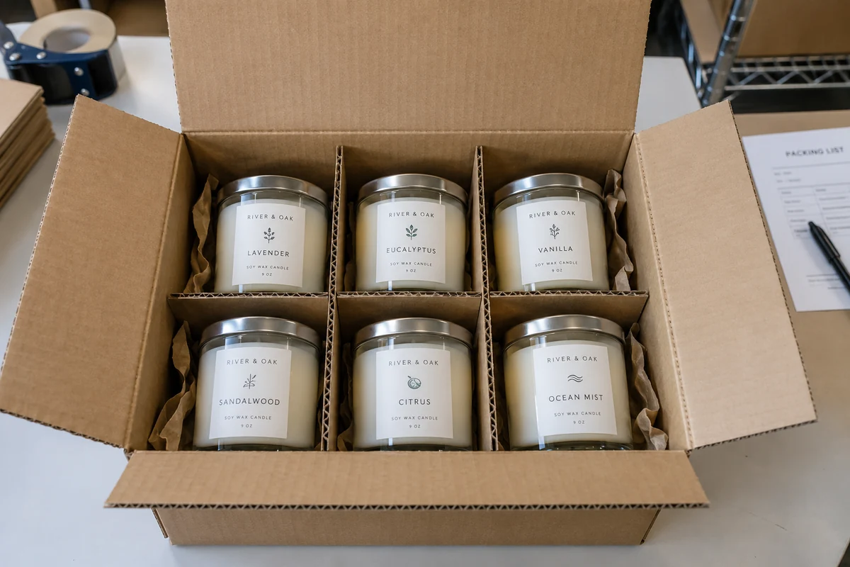 A retail-ready shipping box with high-density cardboard dividers, securely holding each glass candle jar in its own compartment.