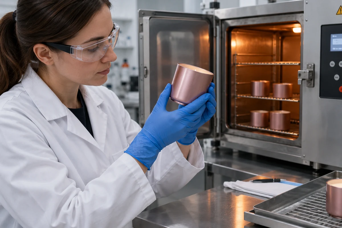 A lab technician inspecting a spray painted candle jar next to a high-temperature oven.