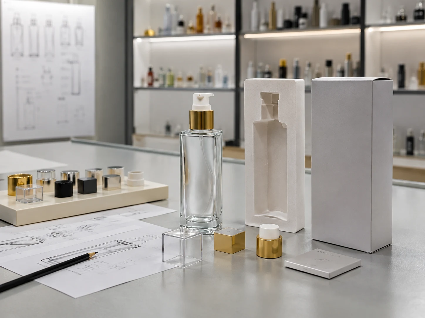Complete custom glass packaging set with closures accessories and boxes