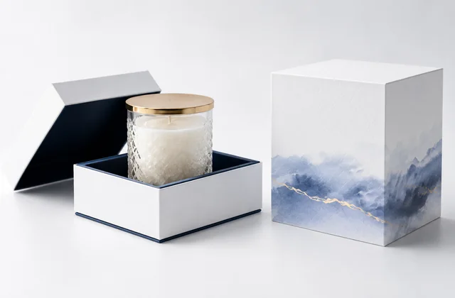 Candle jar packaging with branded gift box, insert and coordinated retail presentation