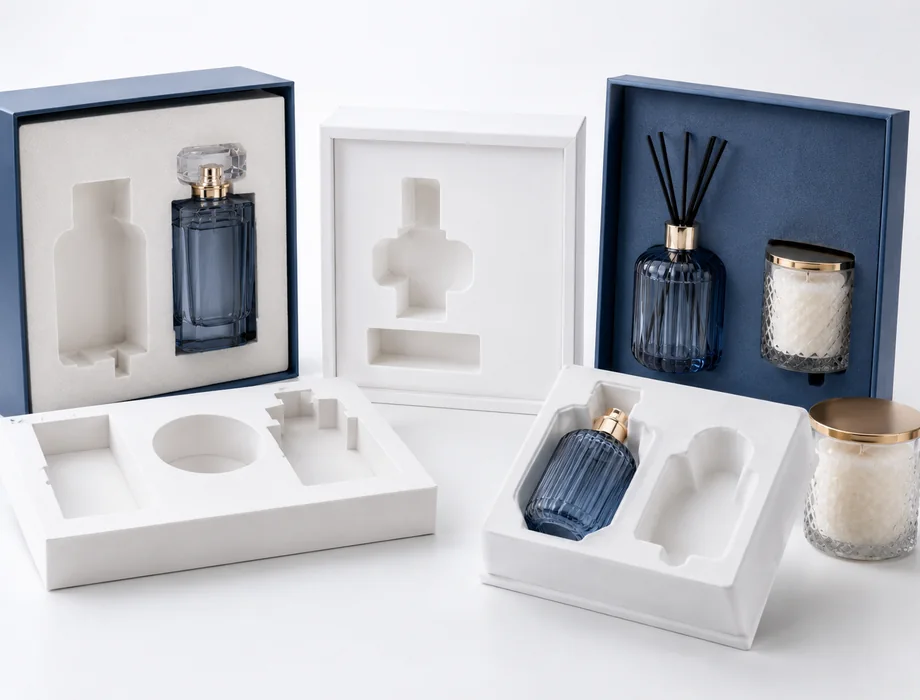 Custom inserts and trays for perfume bottles, diffuser bottles and candle jars