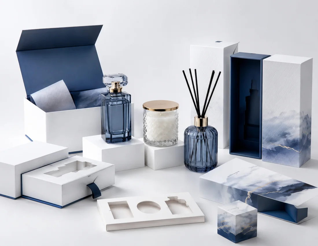 Custom retail packaging with gift boxes, inserts, labels and luxury glass product presentation