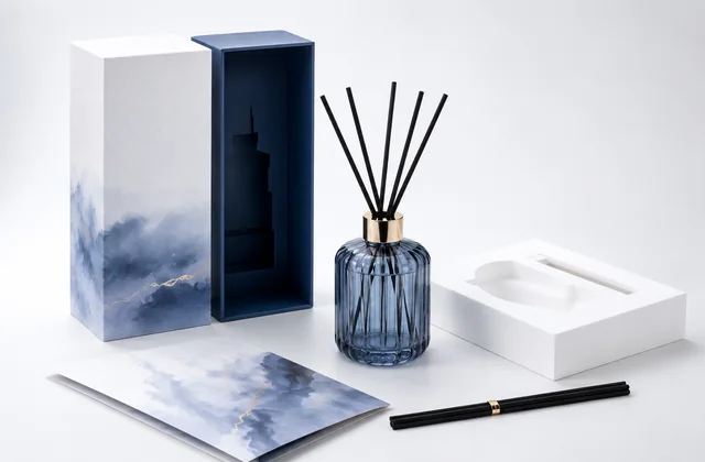 Reed diffuser bottle packaging with branded box, insert and coordinated presentation