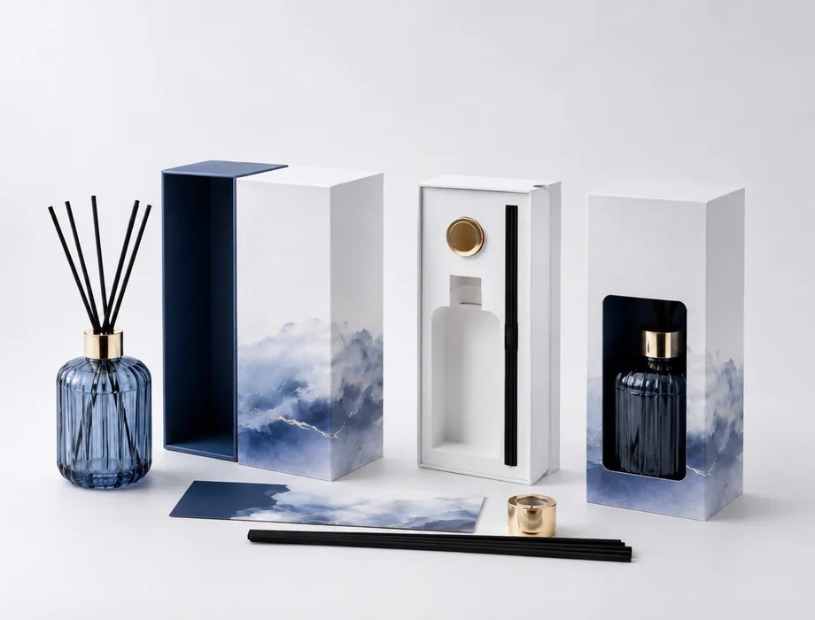 Finished retail presentation with coordinated glass bottle, accessories, insert and gift box