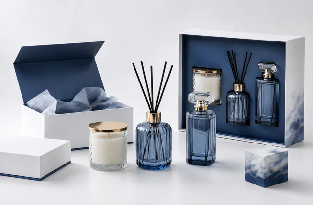 Home fragrance gift set packaging with multiple products, accessories and a coordinated box