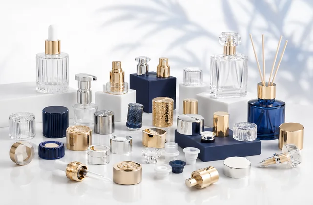 Closures and accessories for glass packaging including caps, sprayers, droppers, pumps and decorative fittings