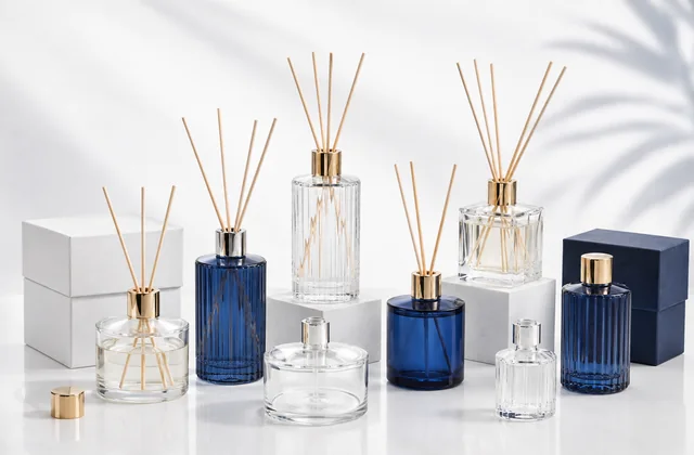 Custom diffuser bottles in clear and blue glass with reed sticks, caps and presentation boxes