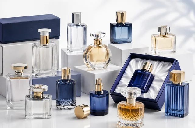 Custom perfume bottles in clear and blue glass with pumps, caps and presentation boxes