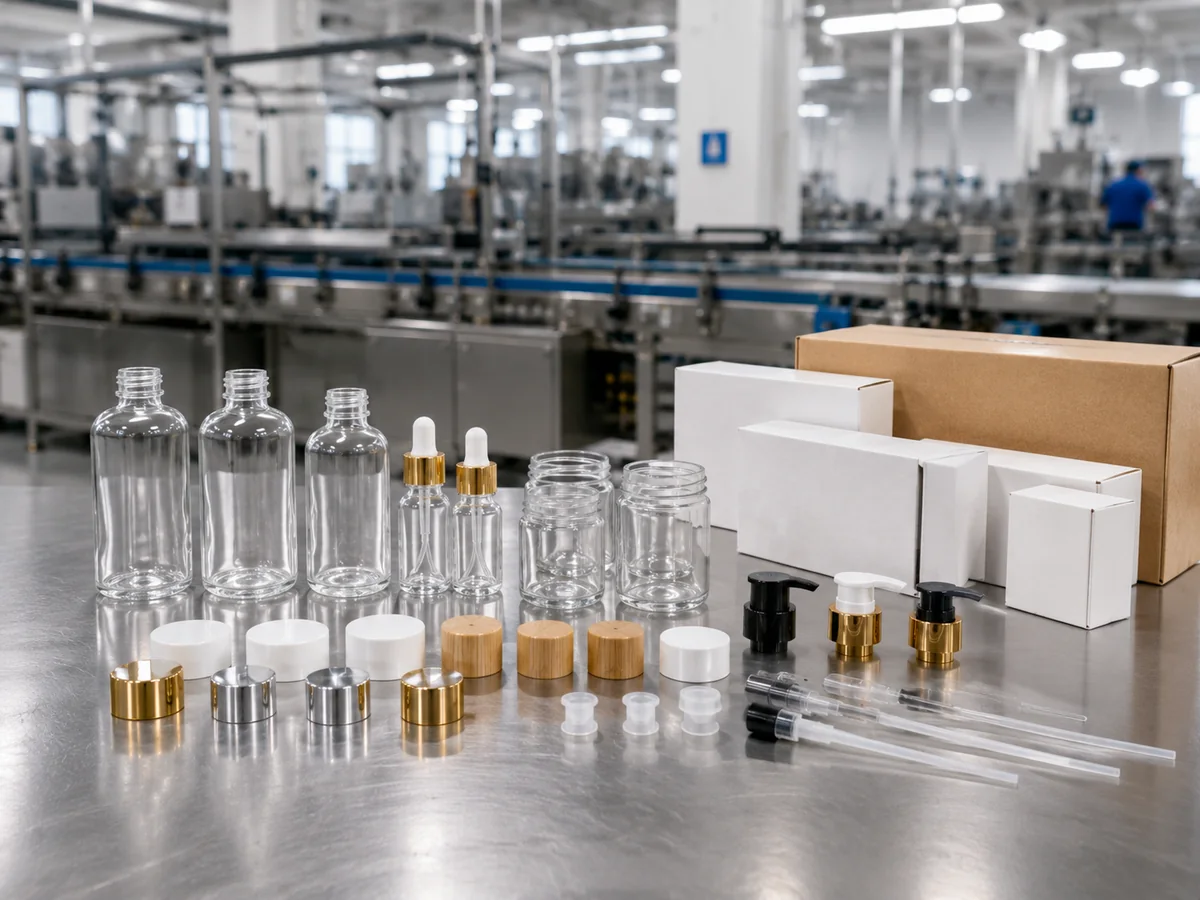 Approved glass packaging configuration with bottles, jars, pumps, droppers, caps and boxes prepared for production