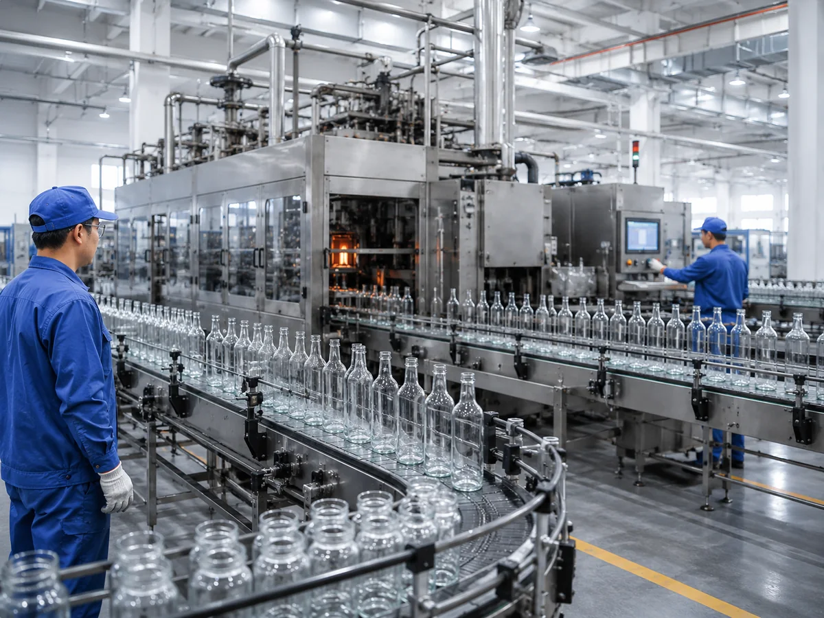 Base glass container production line forming clear bottles and jars before decoration