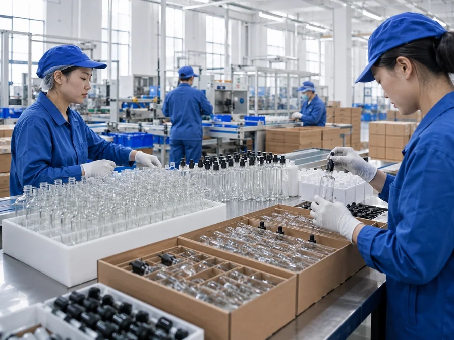 Component matching and packing with glass bottles, pumps, caps and accessories assembled at factory workstations