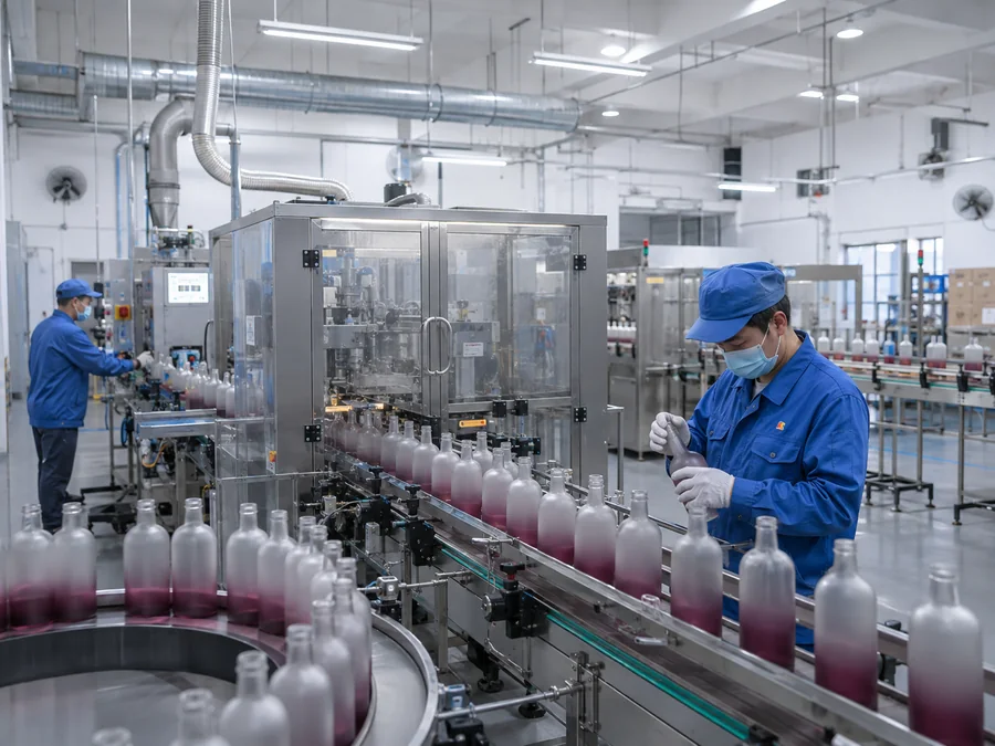 Glass decoration and branding workshop with coated bottles moving through a finishing production line