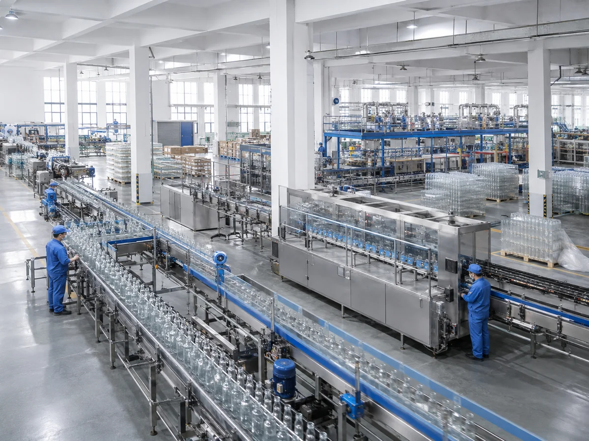 Glass packaging manufacturing process with automated bottle production lines, clear glass containers and factory operators