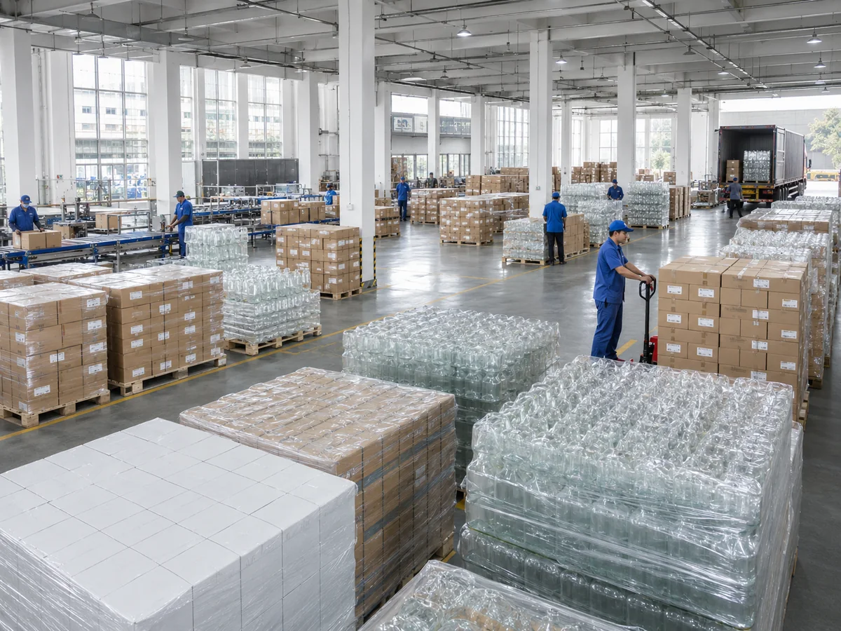 Packing-ready glass packaging output with palletized bottles, cartons and finished goods prepared for shipment