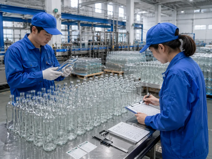 Production handoff inspection of clear glass bottles with quality checklist and measuring tools