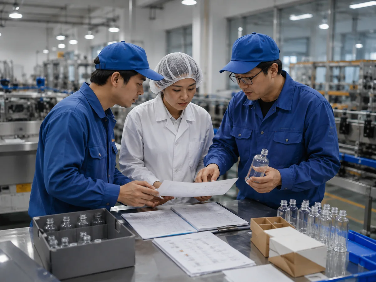 Production handoff and order management with factory staff reviewing glass samples, packaging components and production documents