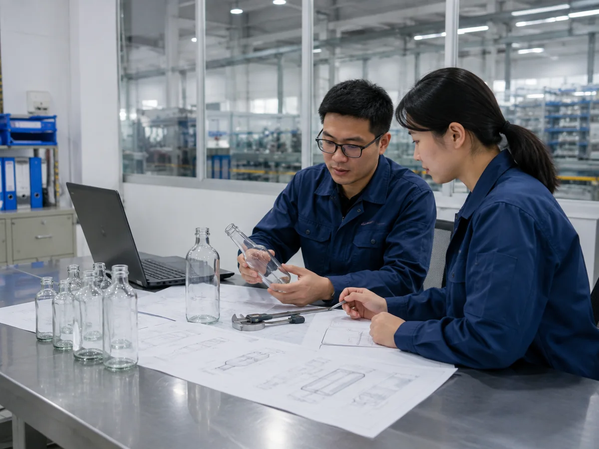 Production specification review for glass packaging with technical drawings, bottle samples and measuring tools