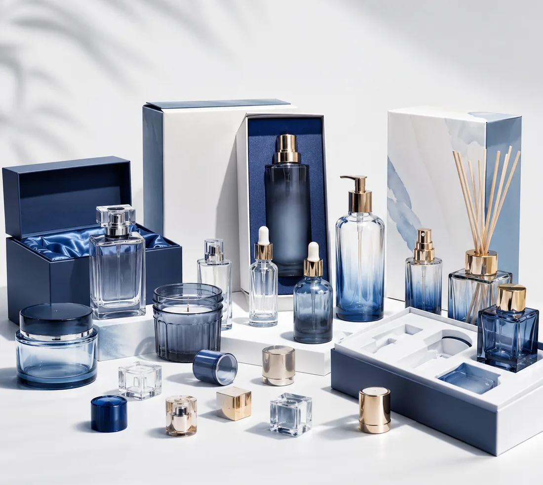 Complete glass packaging project with perfume bottles, candle jars, diffusers, closures and custom gift boxes