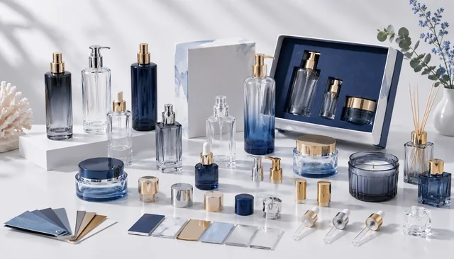 Customization options for glass packaging including bottle styles, closures, finishes, colors and material samples