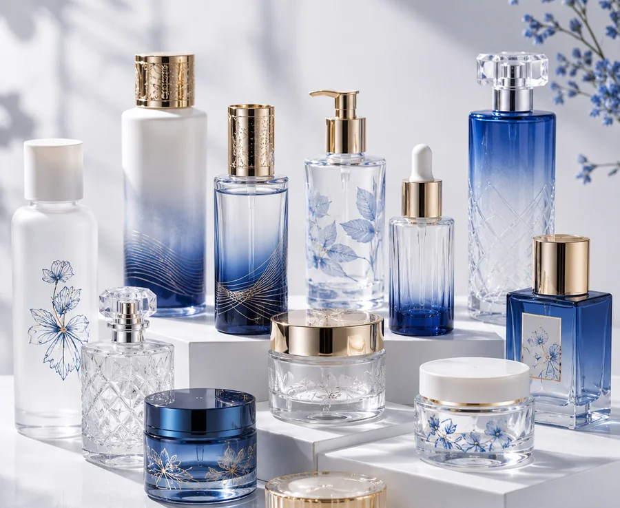 Decorated glass candle jars with printed celestial, floral and geometric patterns showing surface decoration and branding options