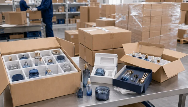 Packing and shipping support for glass packaging with cartons, dividers, protective inserts and warehouse handling