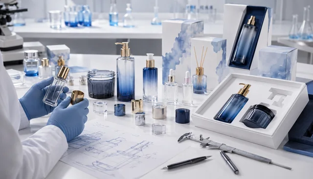 Glass packaging sample development and prototyping with product mockups, drawings and component testing