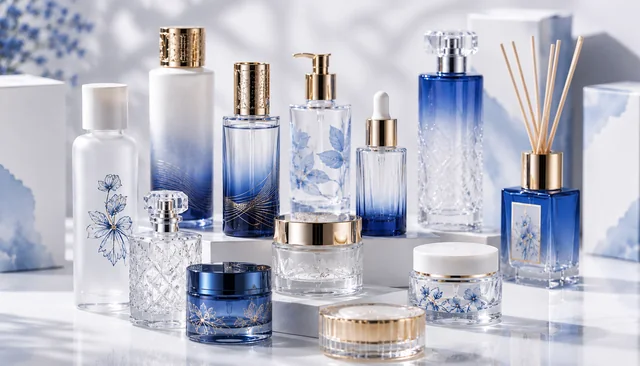 Surface decoration and branding for glass packaging with printed patterns, premium finishes and gold details
