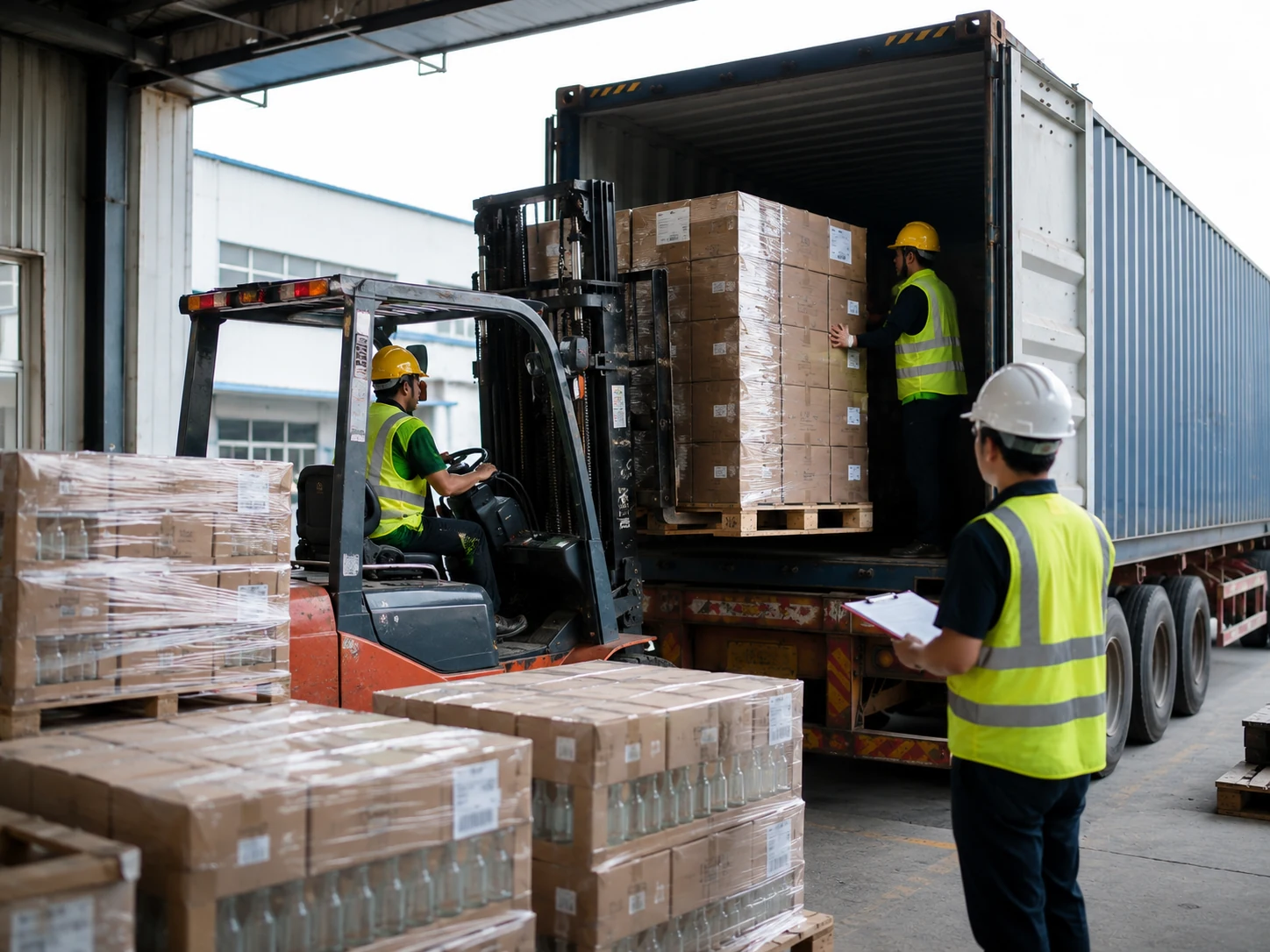 Glass packaging pallet loading and shipping container loading