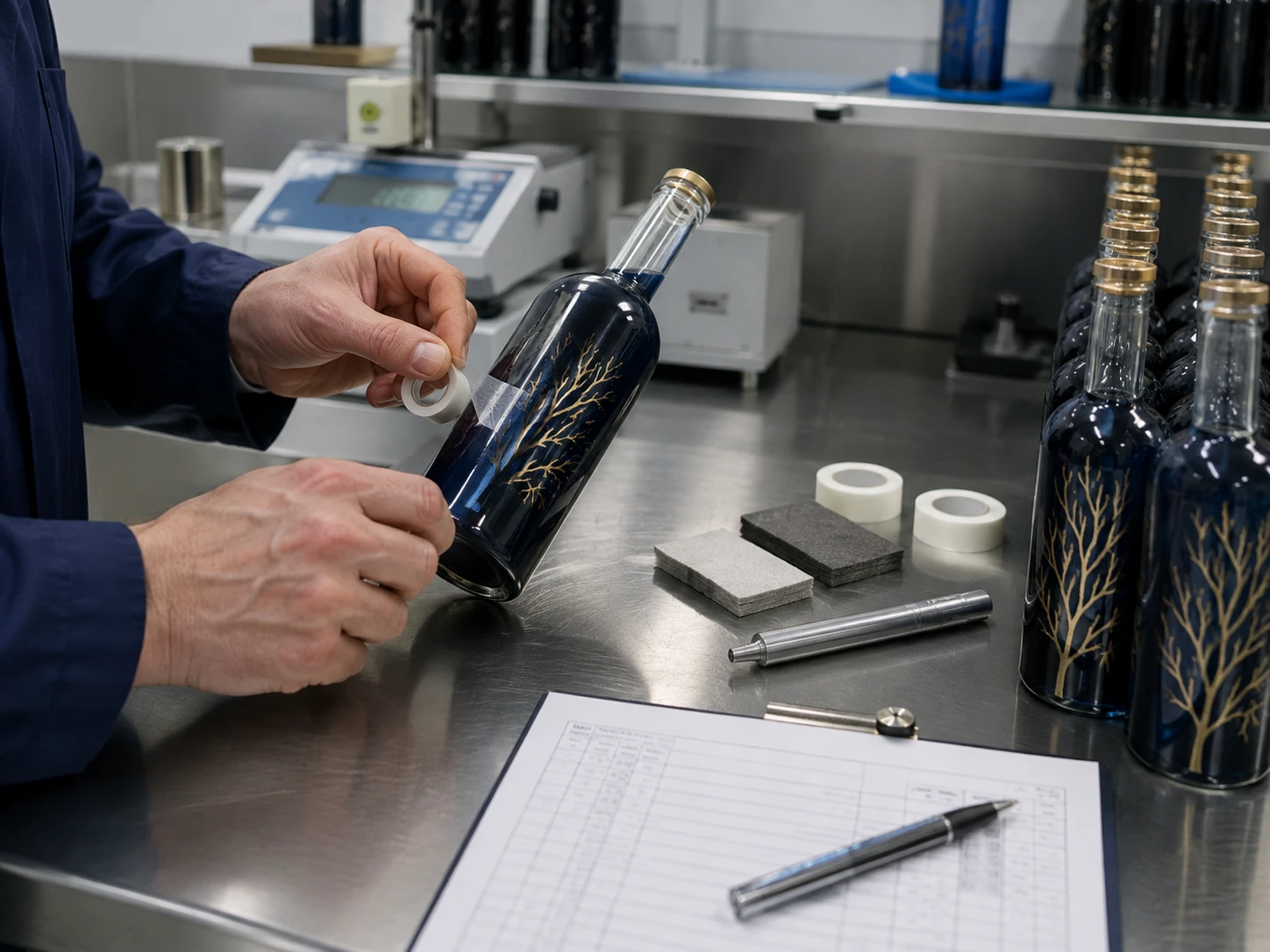 Cross-hatch adhesion test on spray-coated glass packaging