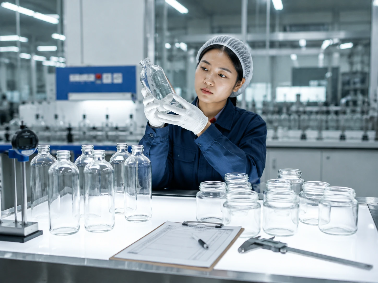Bright Glassware quality inspector checking glass bottles and packaging components