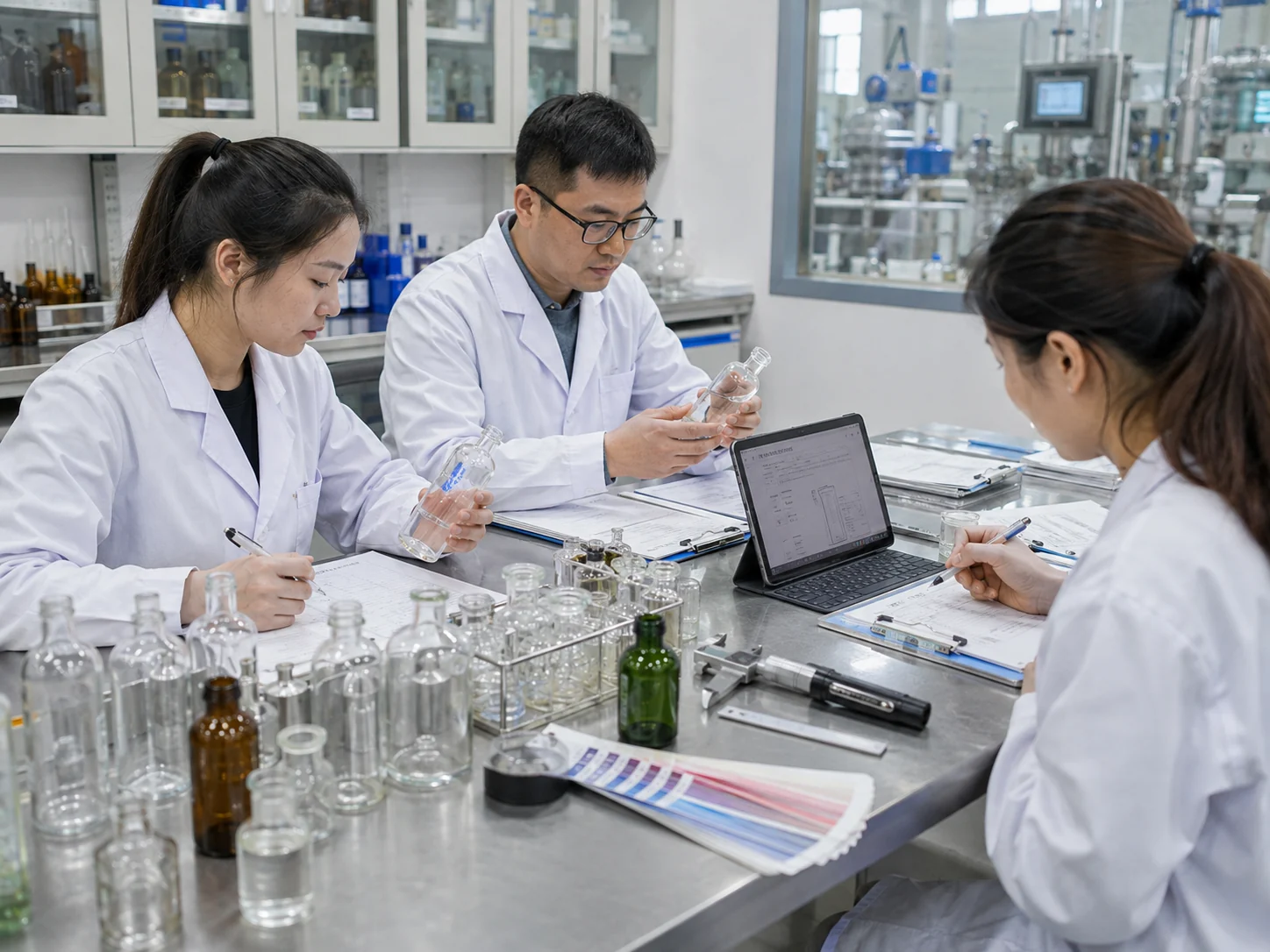 Bright Glassware QC team reviewing glass packaging and inspection reports
