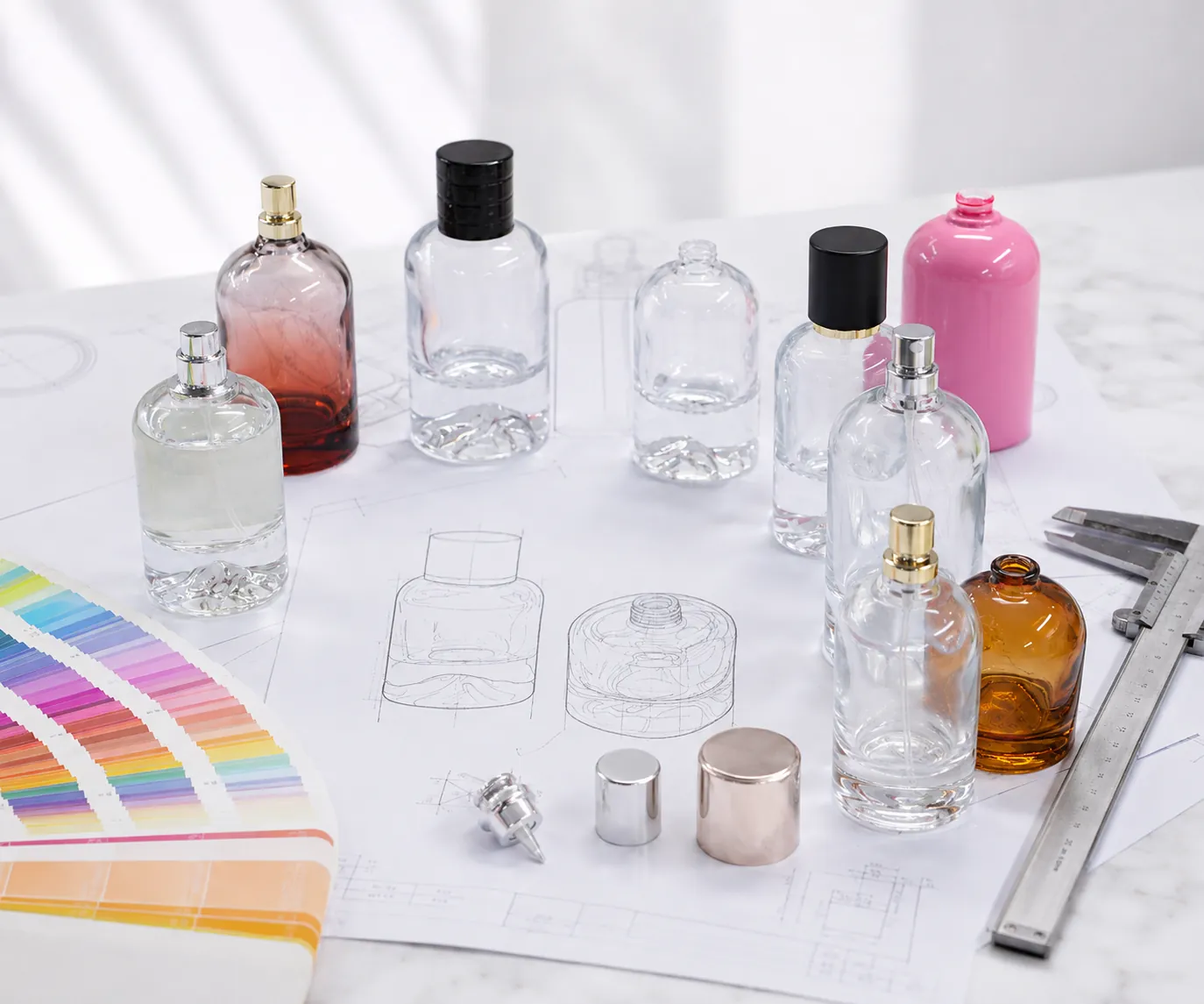 Idea to design to prototype workflow with mood board, sketches, material swatches and finished perfume bottles