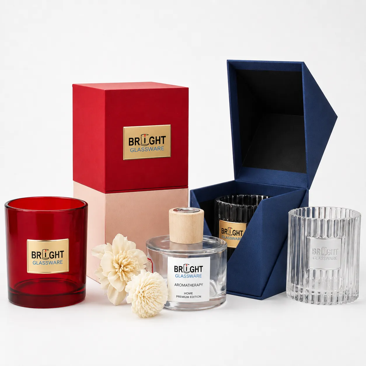 Complete packaging sample set with candle jar, diffuser bottle, perfume bottle, gift box, insert tray, lids, spray accessories and brand cards by Bright Glassware
