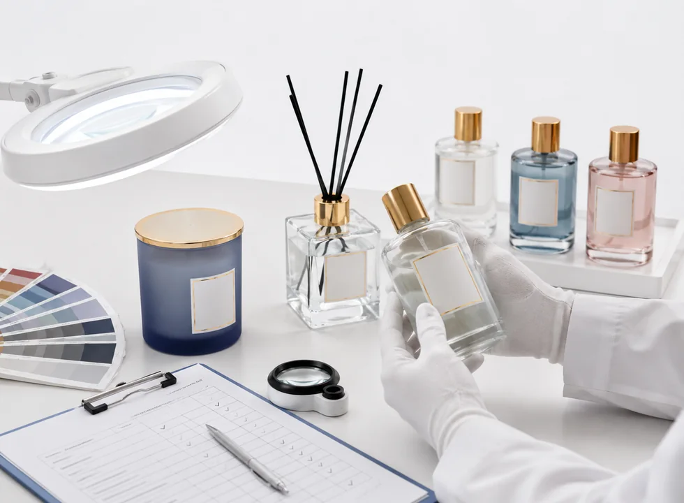 Glass bottle decoration quality inspection and surface finish review with sample bottles, checklist and color swatches